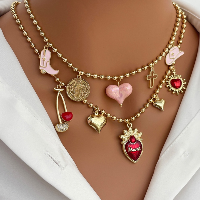 Gold 1 Copper Inlaid Zircon Oil Drop Heart Mama Cherry Beaded Necklace (4mm)