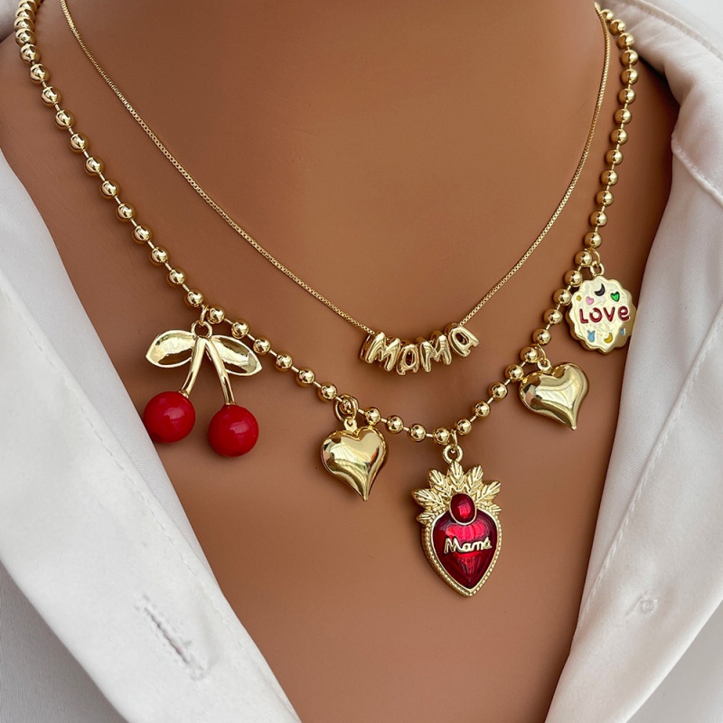 Red Copper Oil Drop Heart Mama Cherry Beaded Necklace (4mm)