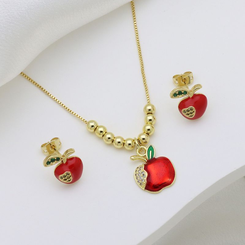 Conjunto De Collar Y Pendientes Con Cuentas De Cobre Chapado En Oro Con Forma De Hongo Insecto Y Manzana