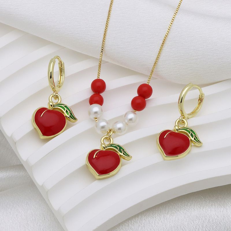 Conjunto De Collar Y Pendientes Con Forma De Labios De Fresa Y Cuentas Bañadas En Cobre Y Oro
