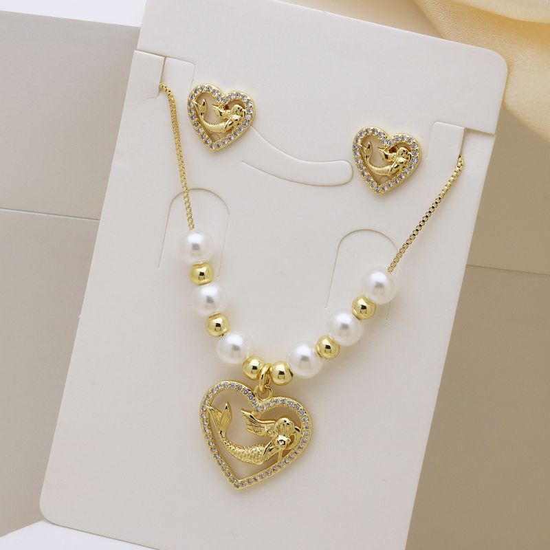 Conjunto De Collar Y Pendientes Con Diseño De Sirena Velero Y Árbol De Coco Con Cuentas De Perla Dorada Y Bañado En Cobre