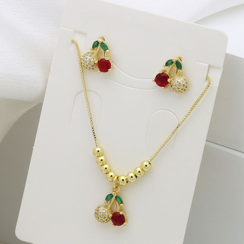 B Copper Plated Gold Diamond Cherry Strawberry Necklace And Earrings Set