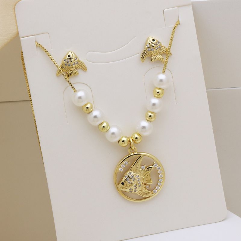 Conjunto De Collar Y Pendientes Con Cuentas De Perlas Bañadas En Oro Y Cobre Con Incrustaciones De Diamantes Langosta Caracola Tortuga Y Pez Marino