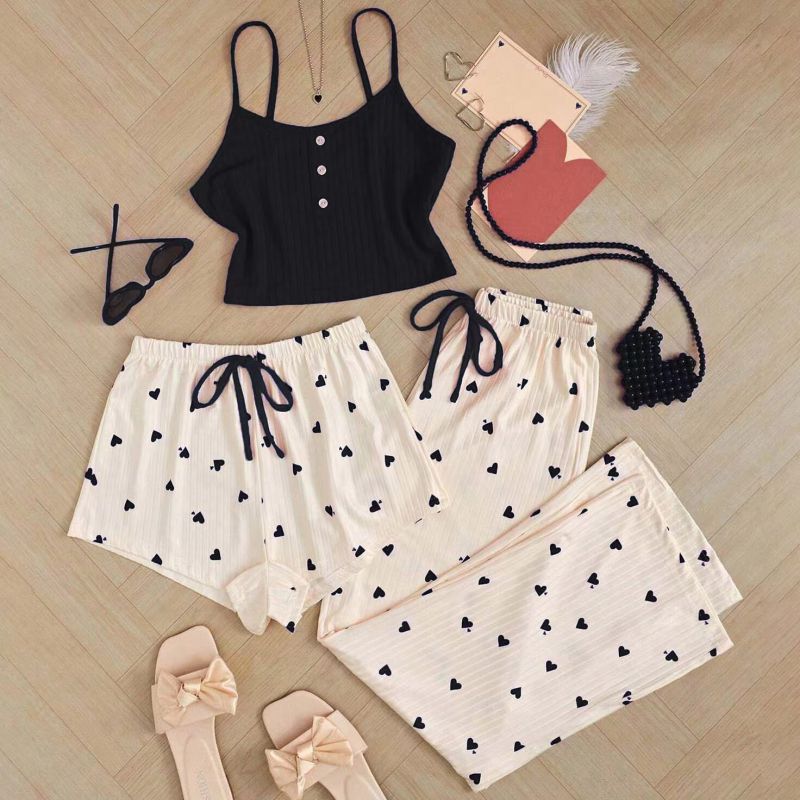 Black Polyester Knitted Camisole Printed Short Trousers Set