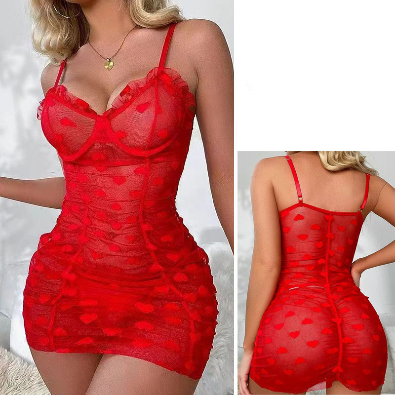 Black Lace Heart Strap See-through Nightdress