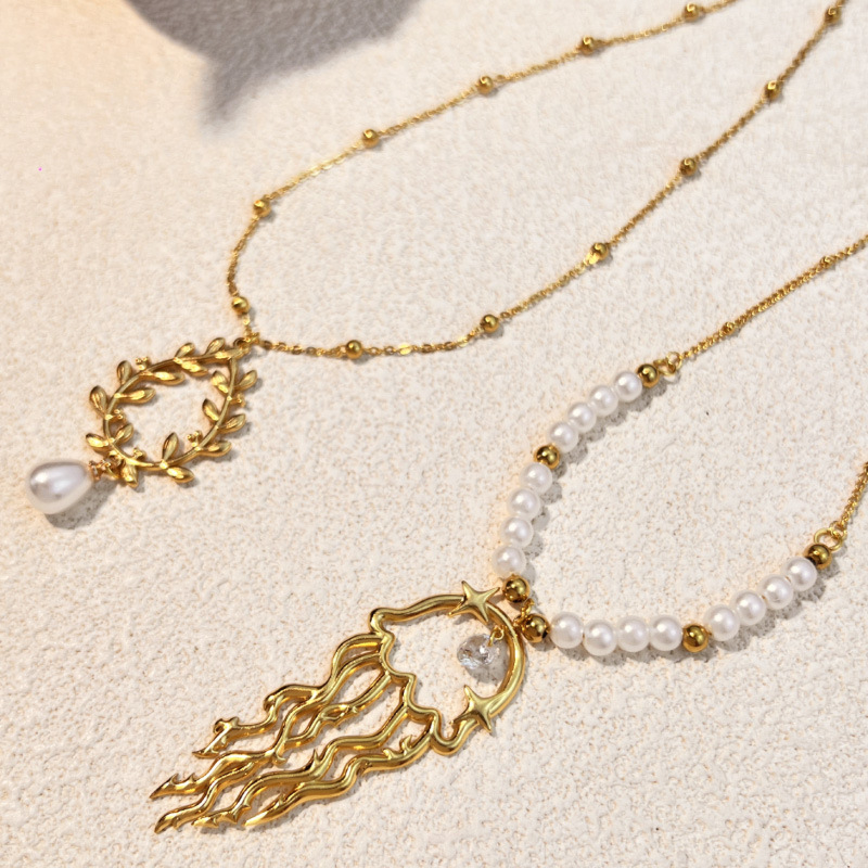 Jellyfish Stainless Steel Pearl Beaded Jellyfish Leaf Necklace