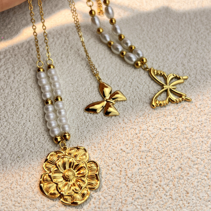 Butterfly Stainless Steel Pearl Beaded Butterfly Necklace