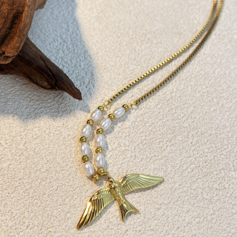 Gold Stainless Steel Pearl Beaded Bird Necklace