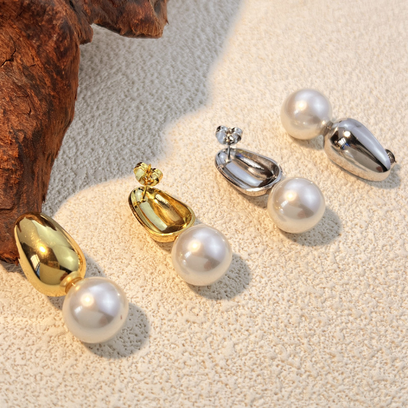 Silver Stainless Steel Pearl Earrings
