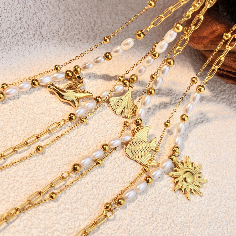 Sun Stainless Steel Pearl Beaded Sun Double Layer Necklace