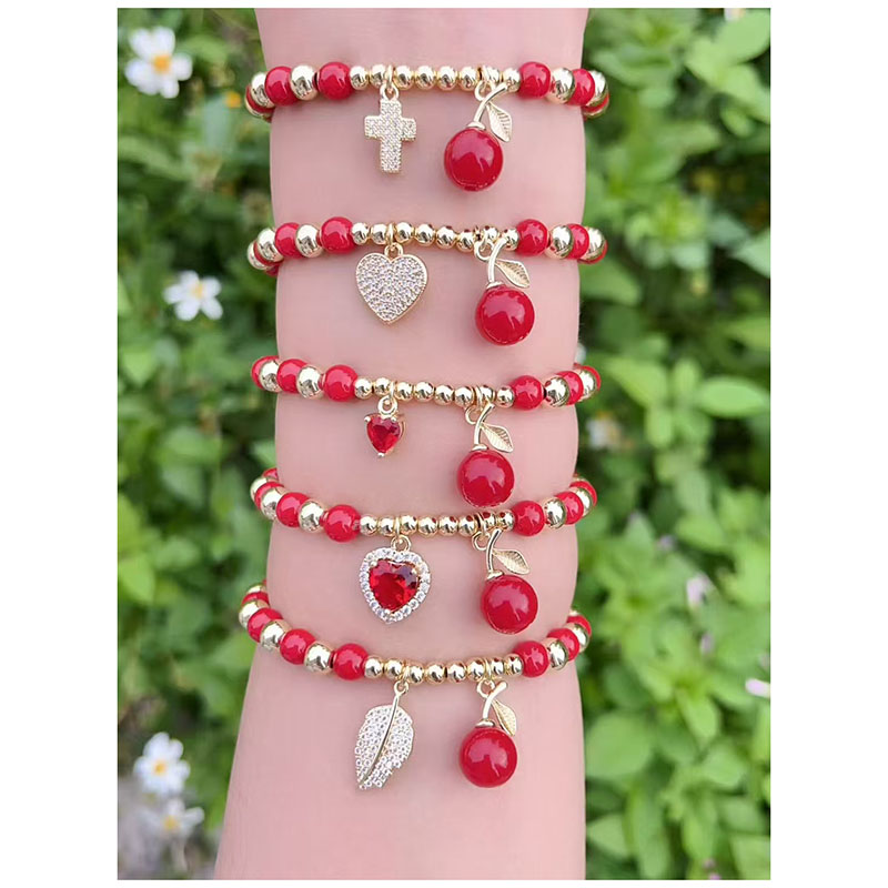 Pulsera Con Forma De Corazón Cruz Y Hoja De Diamante Con Cuentas De Oro Y Baño De Cobre