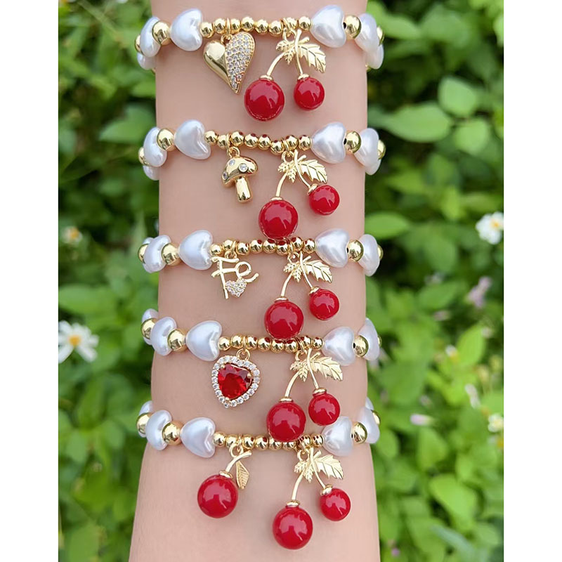 Gold 1 Copper Gold-plated Pearl Heart Mushroom Cherry Beaded Bracelet