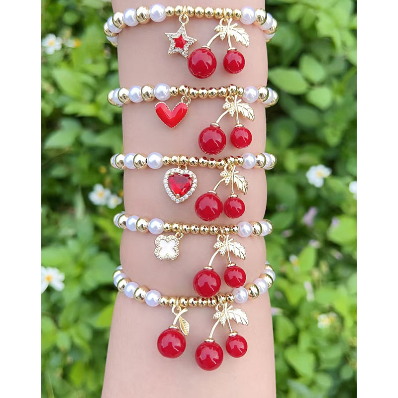 Pulsera De Corazón Con Estrella De Cinco Puntas Y Cuentas De Perla Bañadas En Cobre