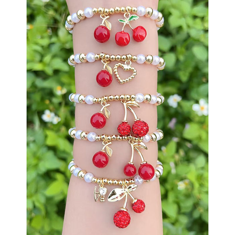 Pulsera De Corazón De Cereza Con Cuentas De Perla Dorada Y Bañada En Cobre