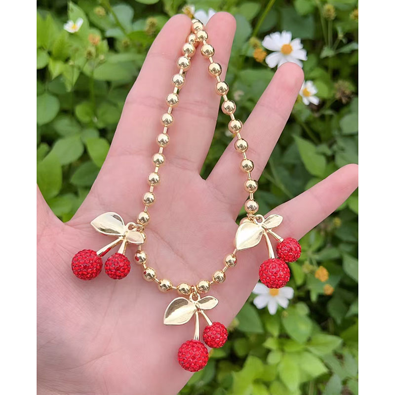 Collar De Cerezas Con Baño De Cobre Oro Y Diamantes