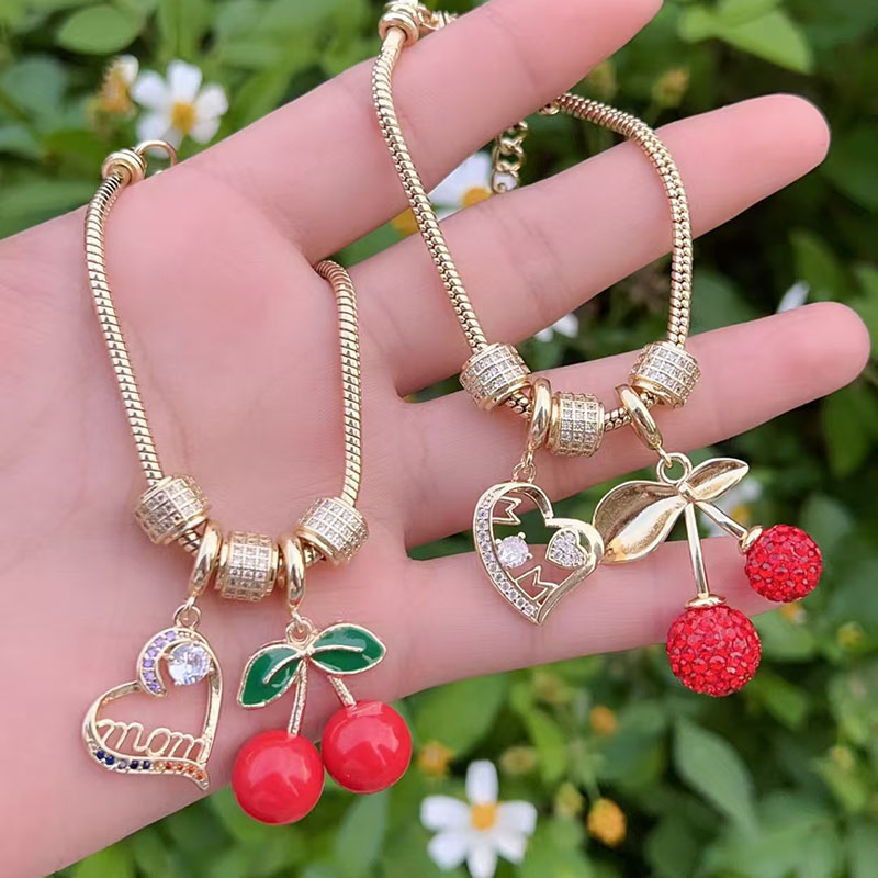 Gold 1 Copper Plated Gold Diamond Heart Cherry Bracelet