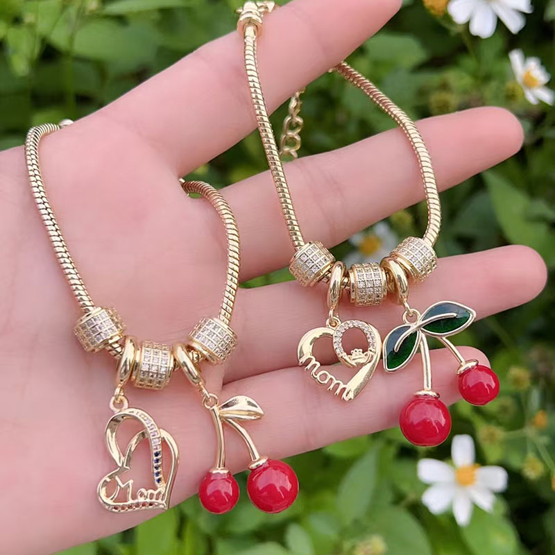 Gold 1 Copper Plated Gold Diamond Heart Cherry Bracelet