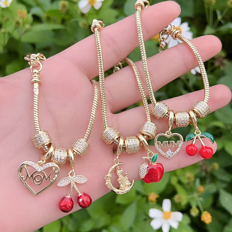 Gold 1 Copper Plated Gold Diamond Heart Cherry Bracelet