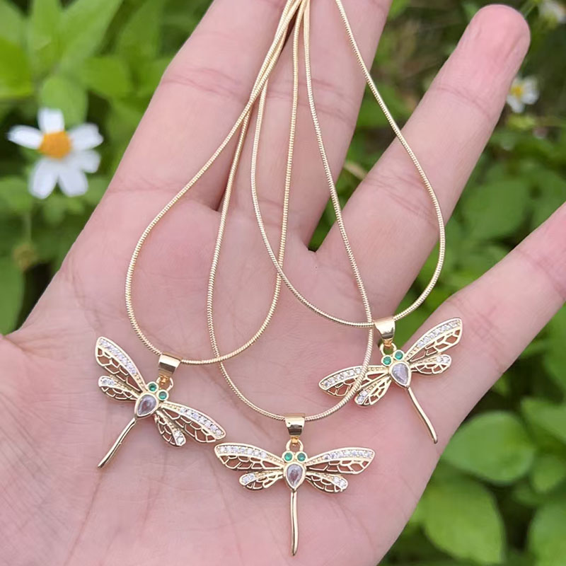 Gold3 Gold-plated Copper And Diamond Dragonfly Necklace