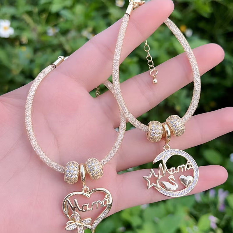 Pulsera Del Día De La Madre Con Corazón De Diamantes Y Baño De Cobre Y Oro