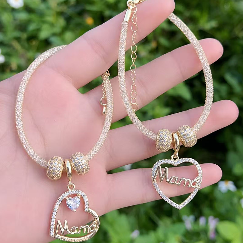 Pulsera Del Día De La Madre Con Corazón De Diamantes Y Baño De Cobre Y Oro