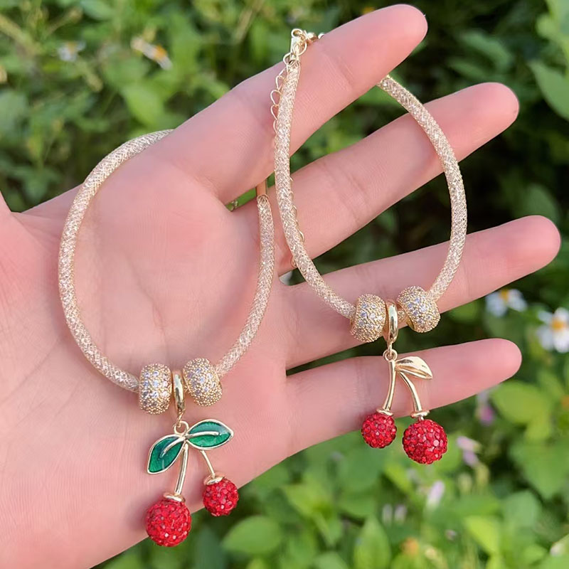 Pulsera De Cerezas Con Baño De Cobre Oro Y Diamantes