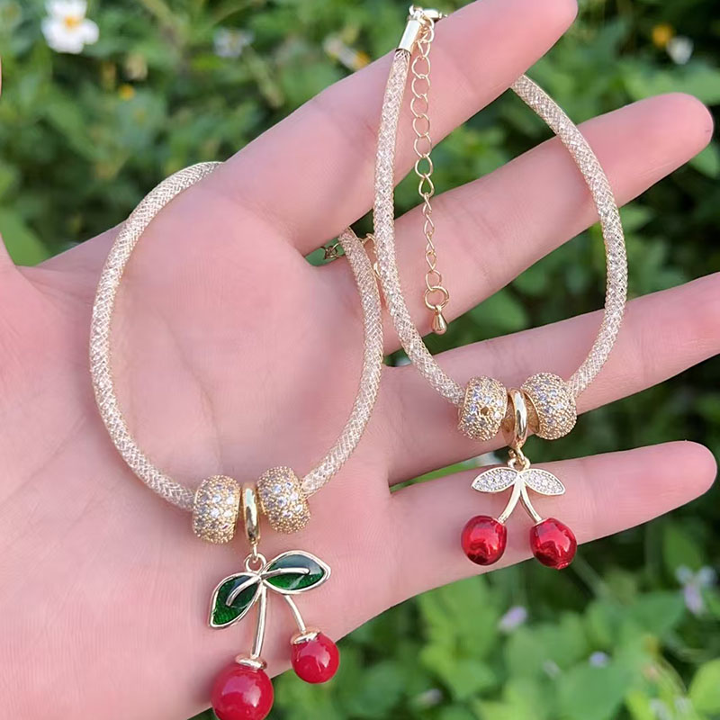 Pulsera De Cerezas Con Baño De Cobre Oro Y Diamantes
