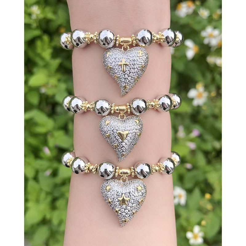 Pulsera Con Cruz De Amor Y Estrella De Cinco Puntas Con Cuentas De Color Diamante A Juego Y Bañada En Oro Y Cobre