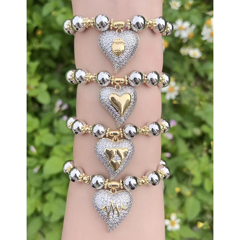 Pulsera De Corazón Con Cuentas De Diamantes A Juego Bañada En Oro Y Cobre