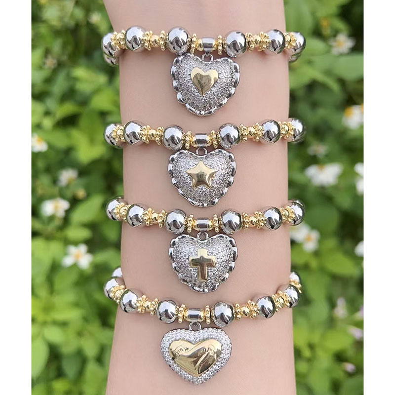 Pulsera De Corazón De Diamantes Con Cuentas A Juego Bañada En Oro Y Cobre