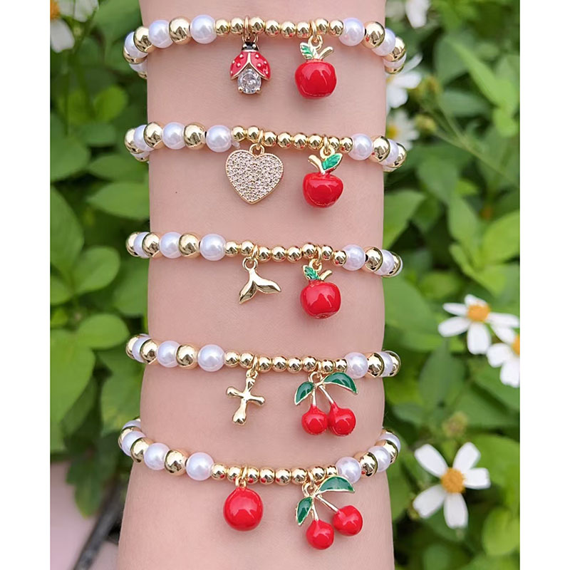 Pulsera Con Forma De Corazón De Insecto Y Cruz De Cola De Pez Con Cuentas De Perla Bañadas En Cobre