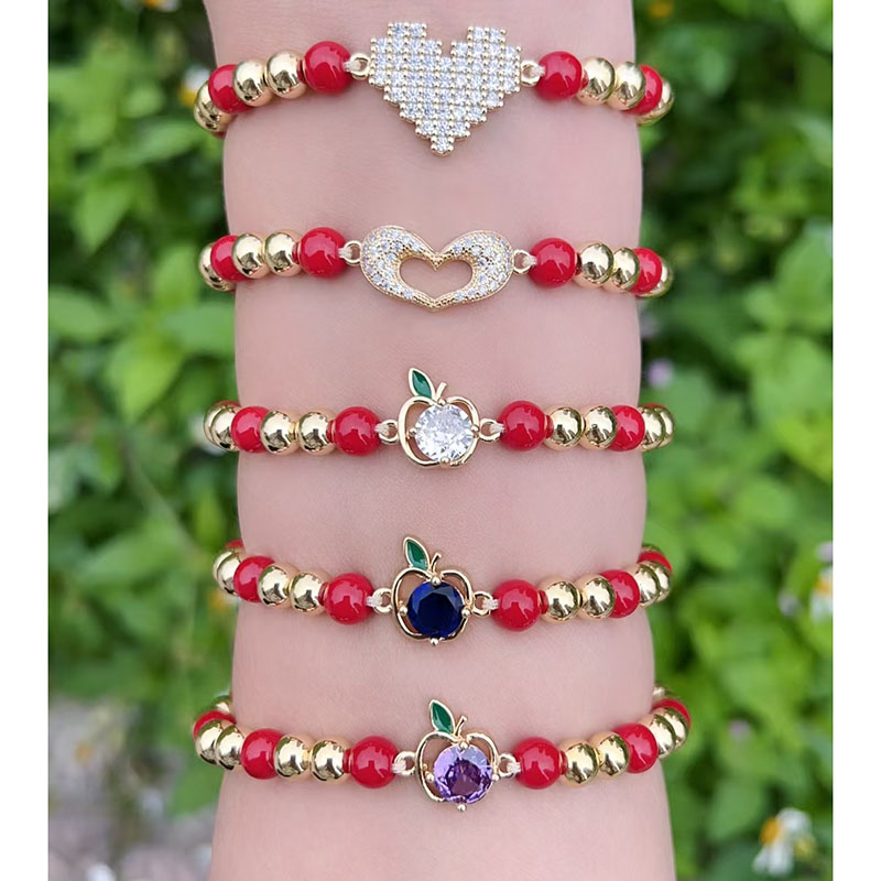 Pulsera De Manzana Con Forma De Corazón De Diamantes Y Cuentas De Cobre Bañadas En Oro