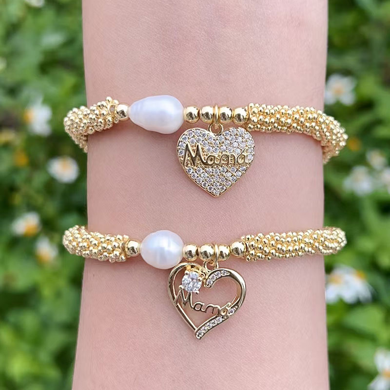 Gold 2 Copper Gold-plated Beaded Heart Letter Bracelet