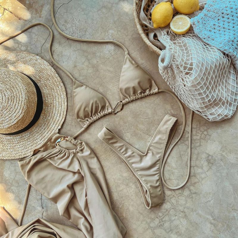 White Nylon Halter Neck Two-piece Swimsuit Bikini Cover-up Set