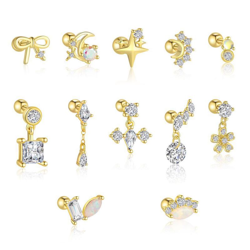 1 Gold/single Silver Diamond Geometric Round Teardrop-shaped Bow Star Moon Earrings [single]