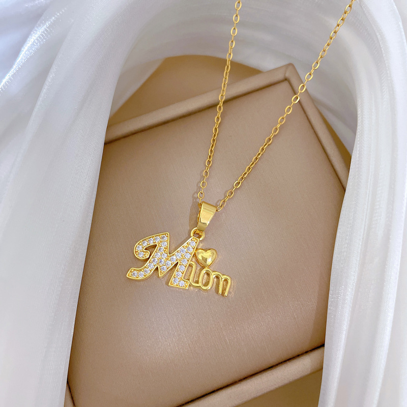Gold Titanium Steel Diamond Heart Letter Necklace