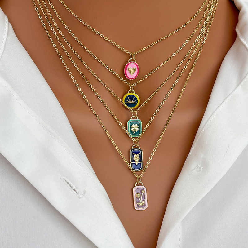 Color 1 Titanium Steel Oil Drop Square Color Matching Coconut Tree Necklace