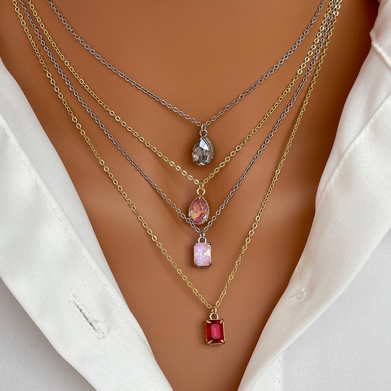 Gold+white Titanium Steel Square Necklace With Zirconia