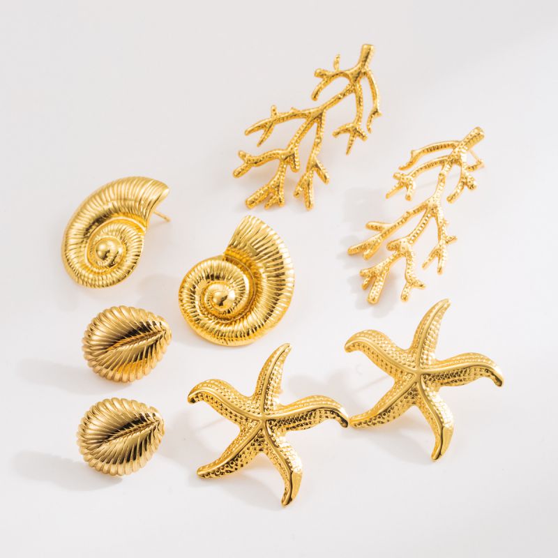 Coral Stainless Steel Shell Conch Starfish Earrings