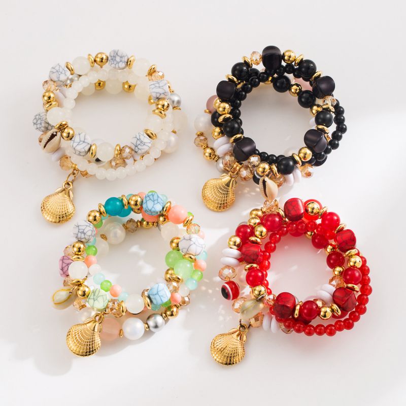 Black Alloy Color Beaded Shell Bracelet Set