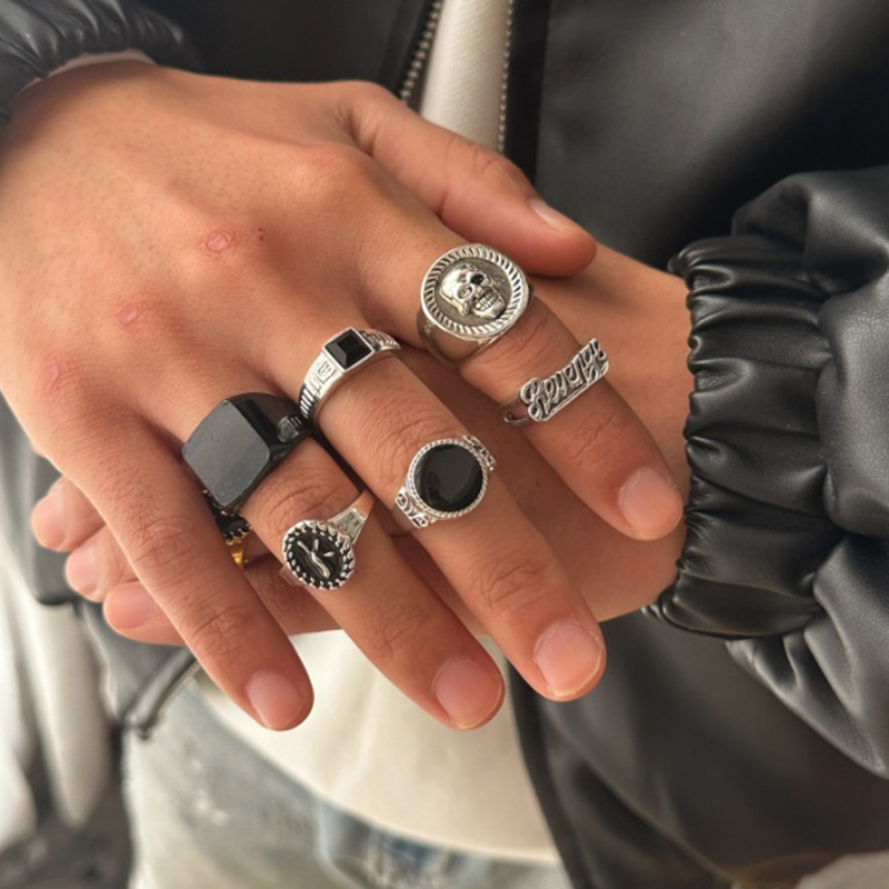 Silver Alloy Skull Letter Ring Set