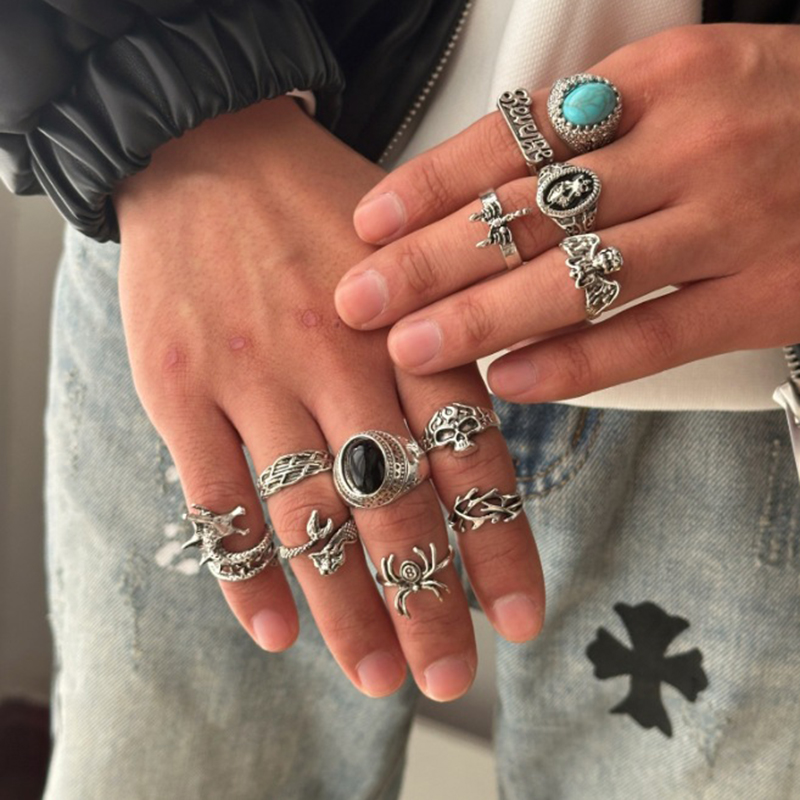 Juego De Anillos Irregulares De Aleación De Turquesa Con Forma De Dragón