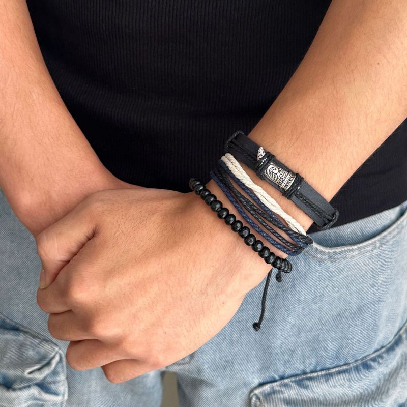 Conjunto De Pulseras De Cuero Trenzado Con Cuentas Para Hombre