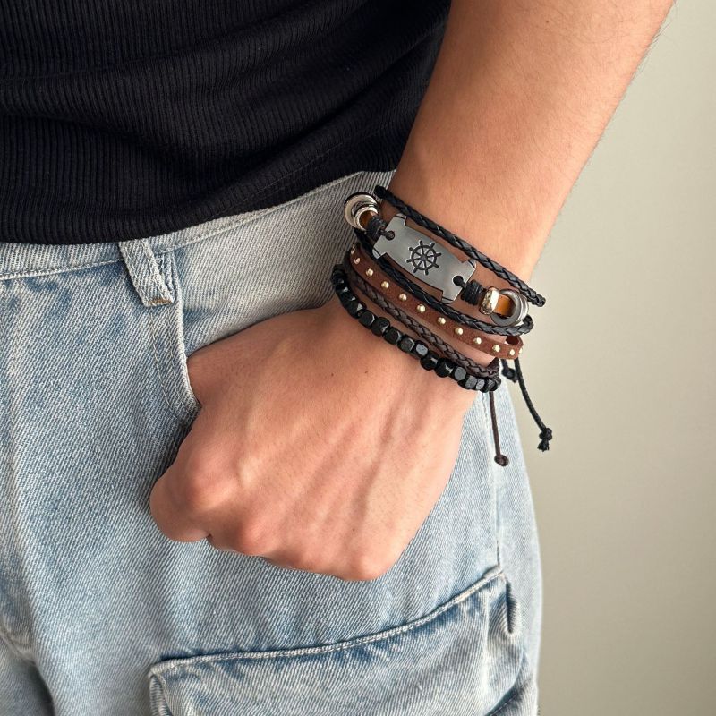 Juego De Pulseras De Cuero Tejido Para Hombre
