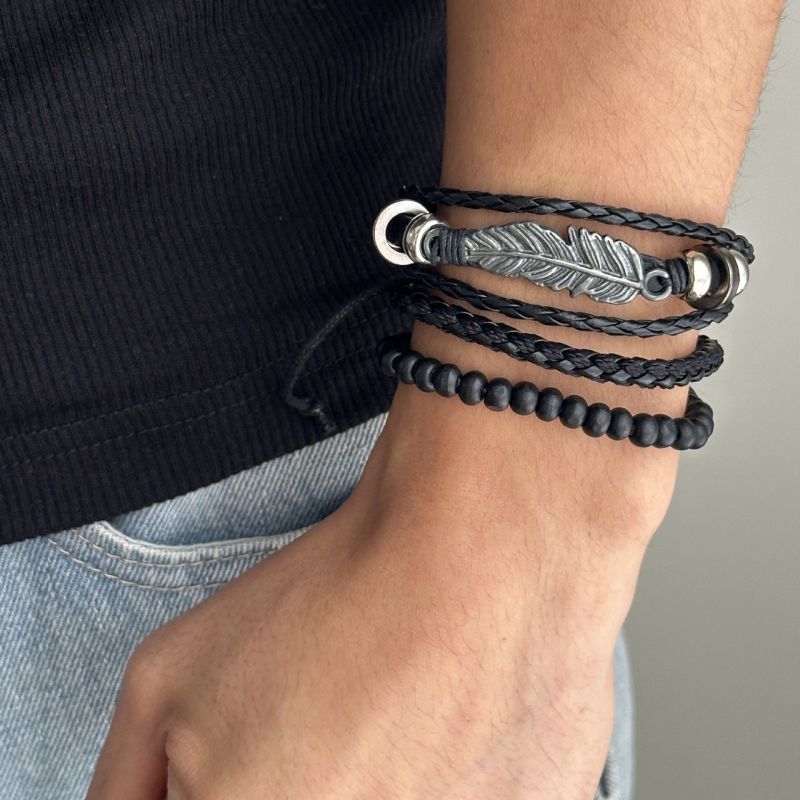 Pulsera De Hombre De Cuero Tejido Con Cuentas Geométricas De Aleación Y Plumas