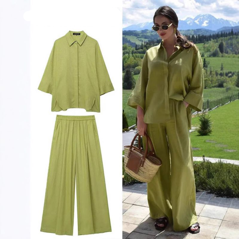 Green Suit Blended Lapel Button-down Shirt And Wide-leg Pants Set