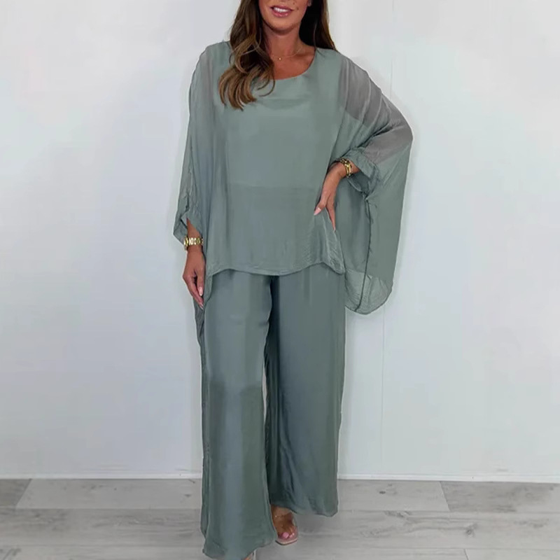 Blue Polyester Chiffon Irregular Top Wide-leg Pants Set