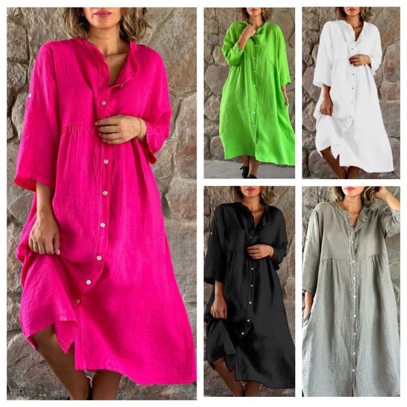 Rose Red Cotton And Linen Lapel Button-down Long Skirt