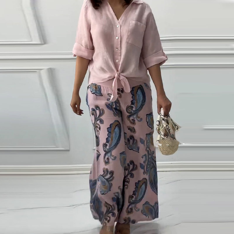 Pink Suit Polyester Lapel Button-down Shirt Printed Pants Set