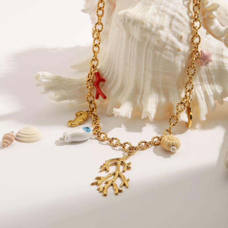 Gold Stainless Steel Coral Conch Shell Necklace